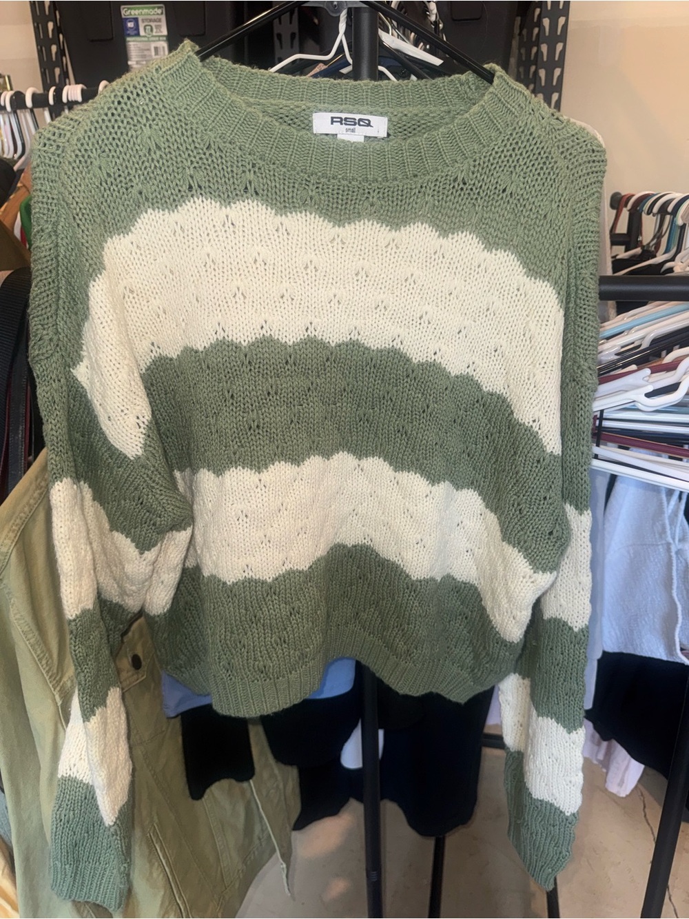 RSQ Sage Green and Cream Striped Crewneck Sweater